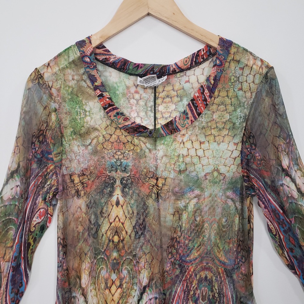 Camille & Co Mesh Tunic Top Medium Multicolor Paisley Sharkbite Hem 3/4 Sleeve - Picture 2 of 6